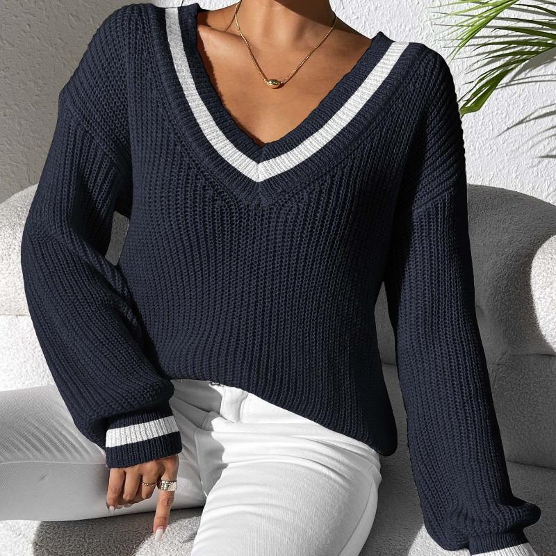 Women's Clothing, College Style, Women's Sweaters, Contrasting Colors, V-neck Loose Sweaters, Casual and Lazy Style, Versatile Women's Clothing