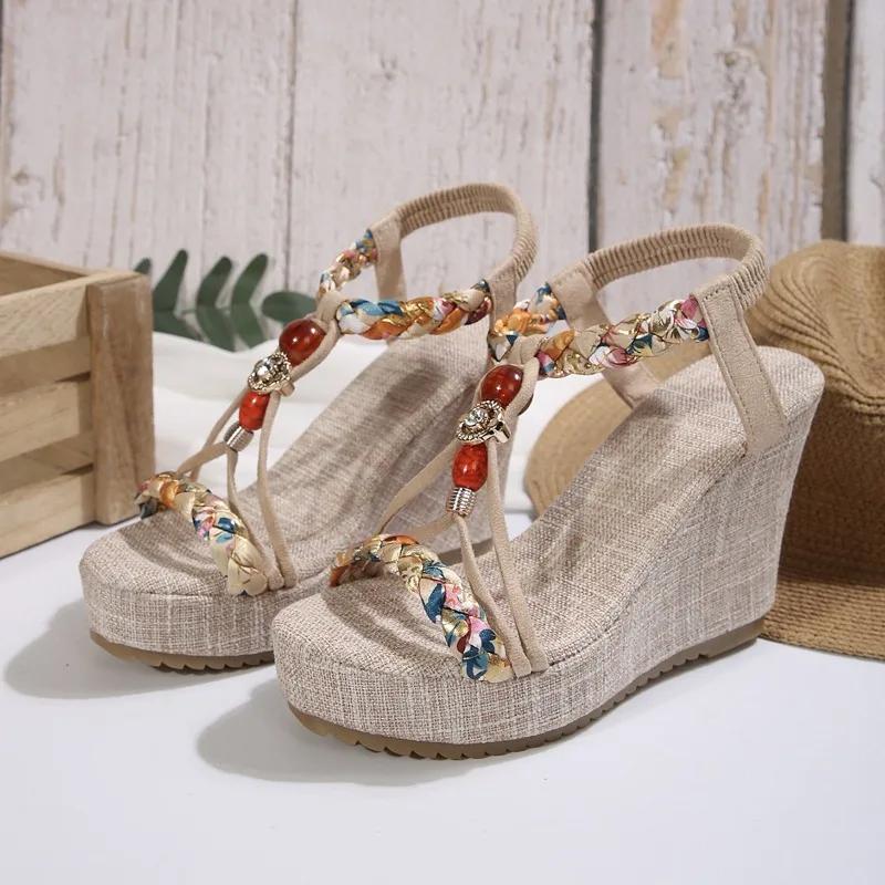 New European and American Style Fashionable Round Toe Open Toe One-line Set with Women's Large-size Fashionable Wedge Sandals
