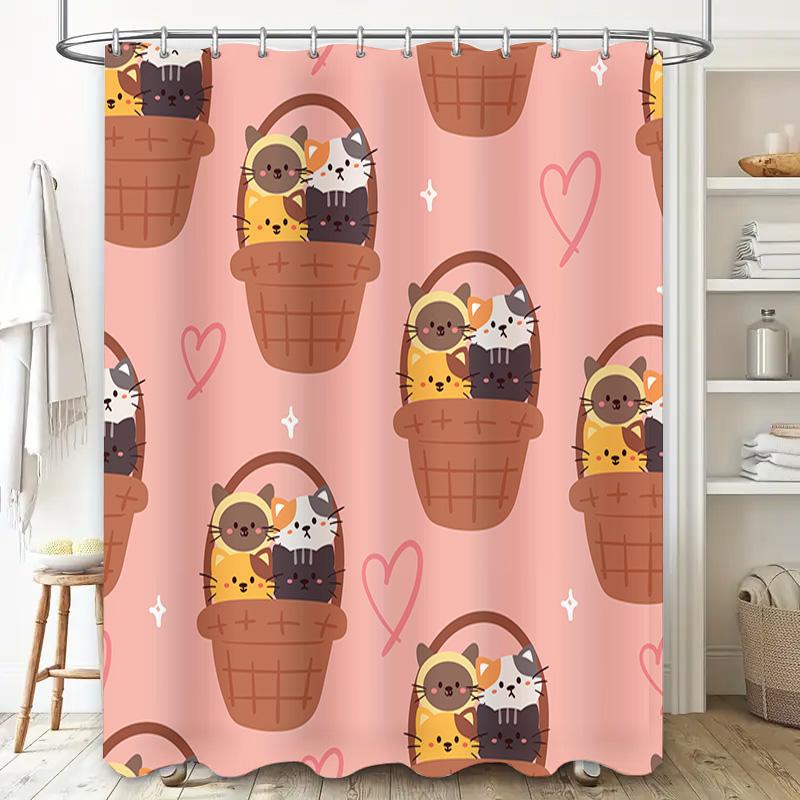 Cute Cat Puppy Pattern Shower Curtain For Bathroom Decor Pink Animal Design Waterproof Fabric