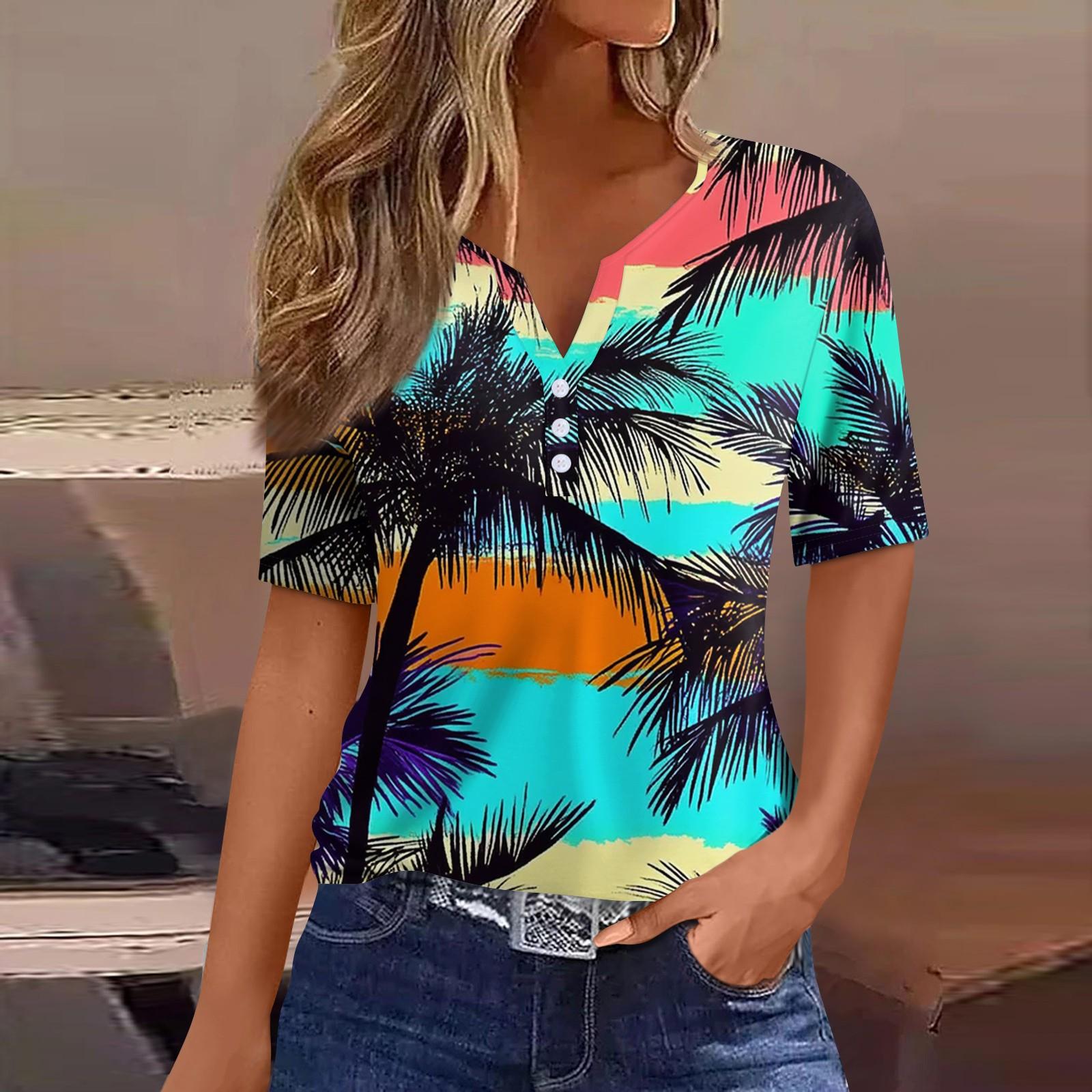 

Women s T Shirt Print Button Short Sleeve Daily Weekend Fashion Basic V- Neck Regular Top S циан