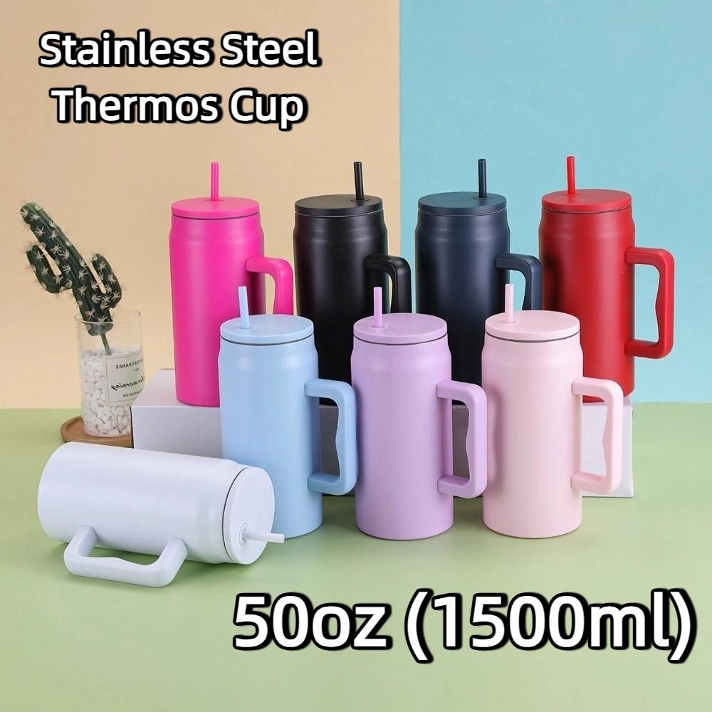 With Handle and Straw Lid Water Bottle Simple Sippy Cup Modern Thermal Cup  Unisex