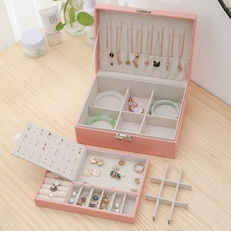 Double-layer Household Necklace Earring Jewelry Storage Box Large Capacity Dustproof Storage Boxes Travel Portable Display Box