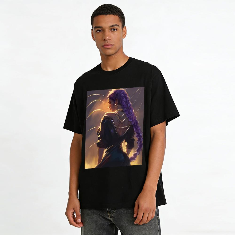 Arcane Mel Printed T-shirt, Vintage Backless Design, Game Anime Peripheral, Cool Daily Casual Top for Fans Pure cotton T-shirt