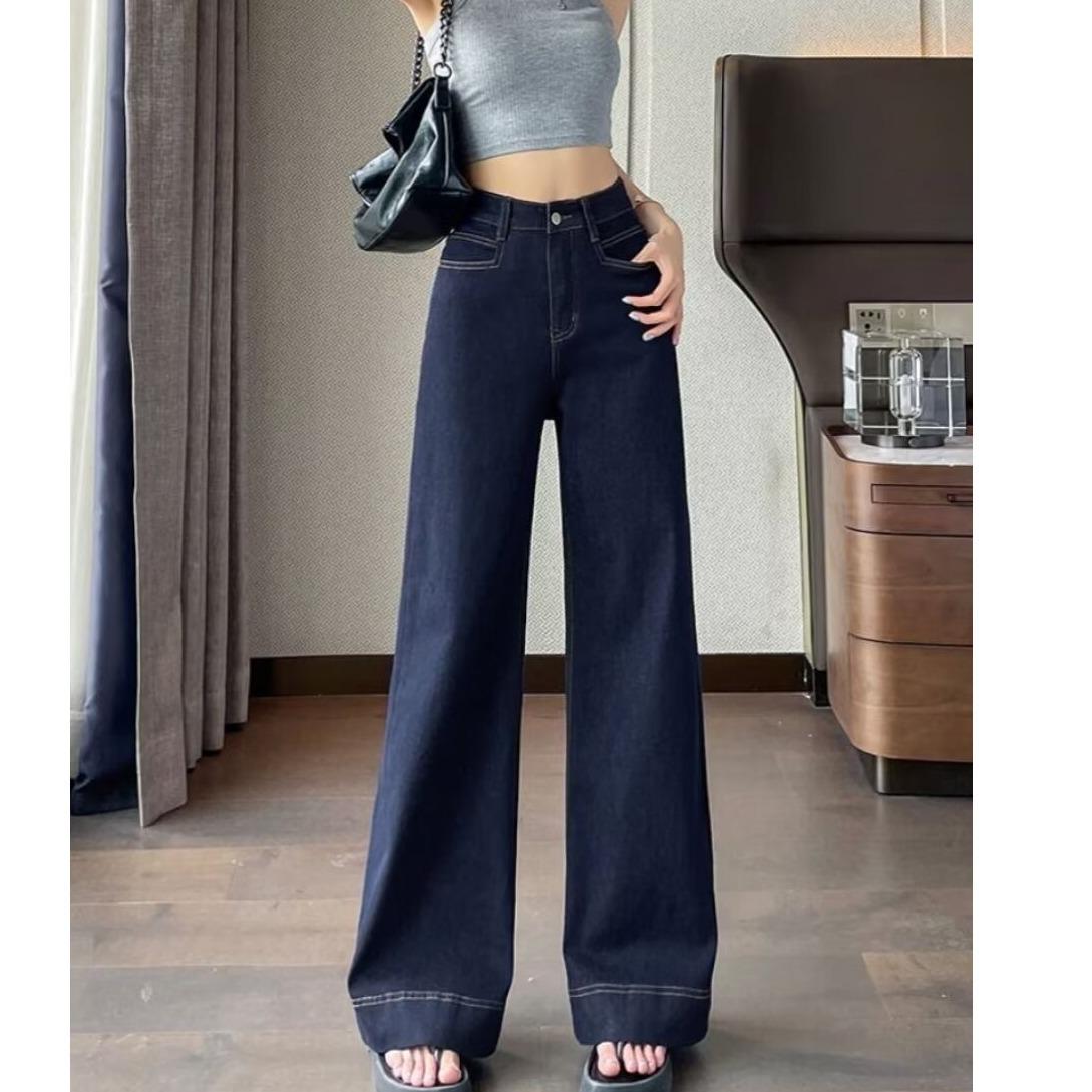 

Женские джинсы с высокой талией и широкими штанинами — темные, узкие, прикрывающие бедра, свободные, прямые, маленького размера на осень/зиму 2024 г. L темно-синий