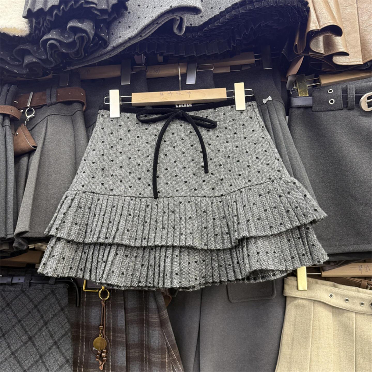 

Plus Size Grey Polka Dot High Waist Bow Pleated Woolen Skirt M