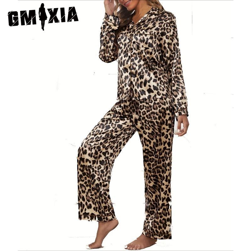 GMXIA Dames todelt loungewear-pysjamas i stretchsateng