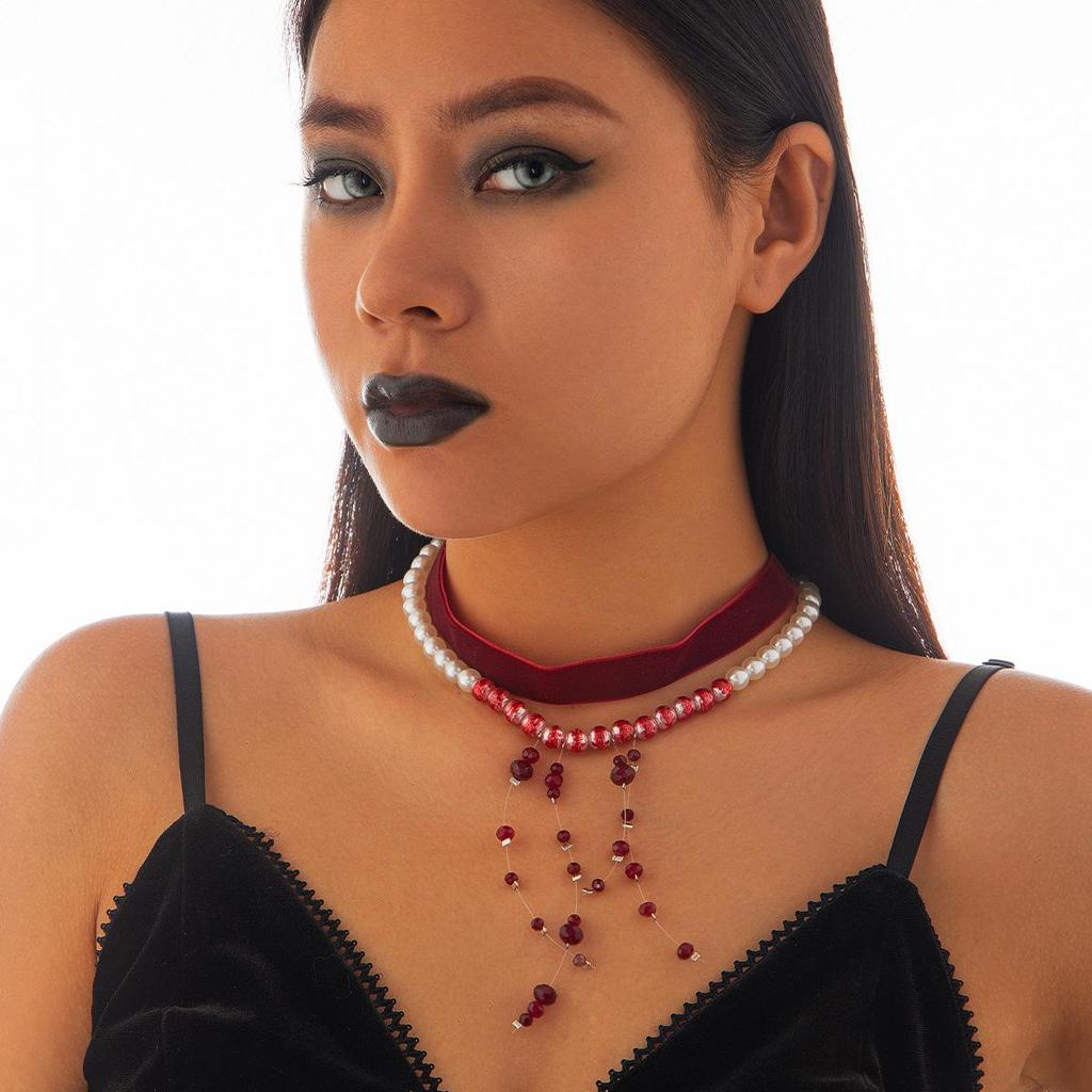 Gothic Blood Drop Tassel Pearl Choker Necklace