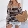 Spring and Summer Striped Openwork Comfortable Loose Knit Shirt for Women with Beach-style V-Neck Top