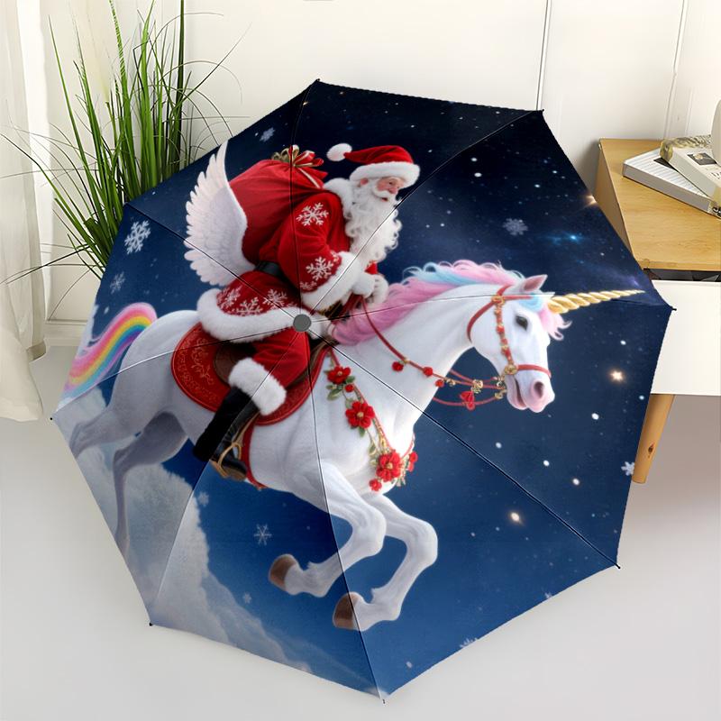 Christmas Santa & Rainbow Unicorn Print Umbrella, Compact Auto Open/Close Travel Umbrella, Windproof Waterproof for Holiday Season
