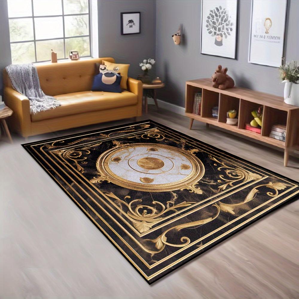 Flannel Printed Black Gold Marble Rug Classic Ornate Design Living Room Carpet Soft Fleece Floor Mat Luxury Home Decor Elegant