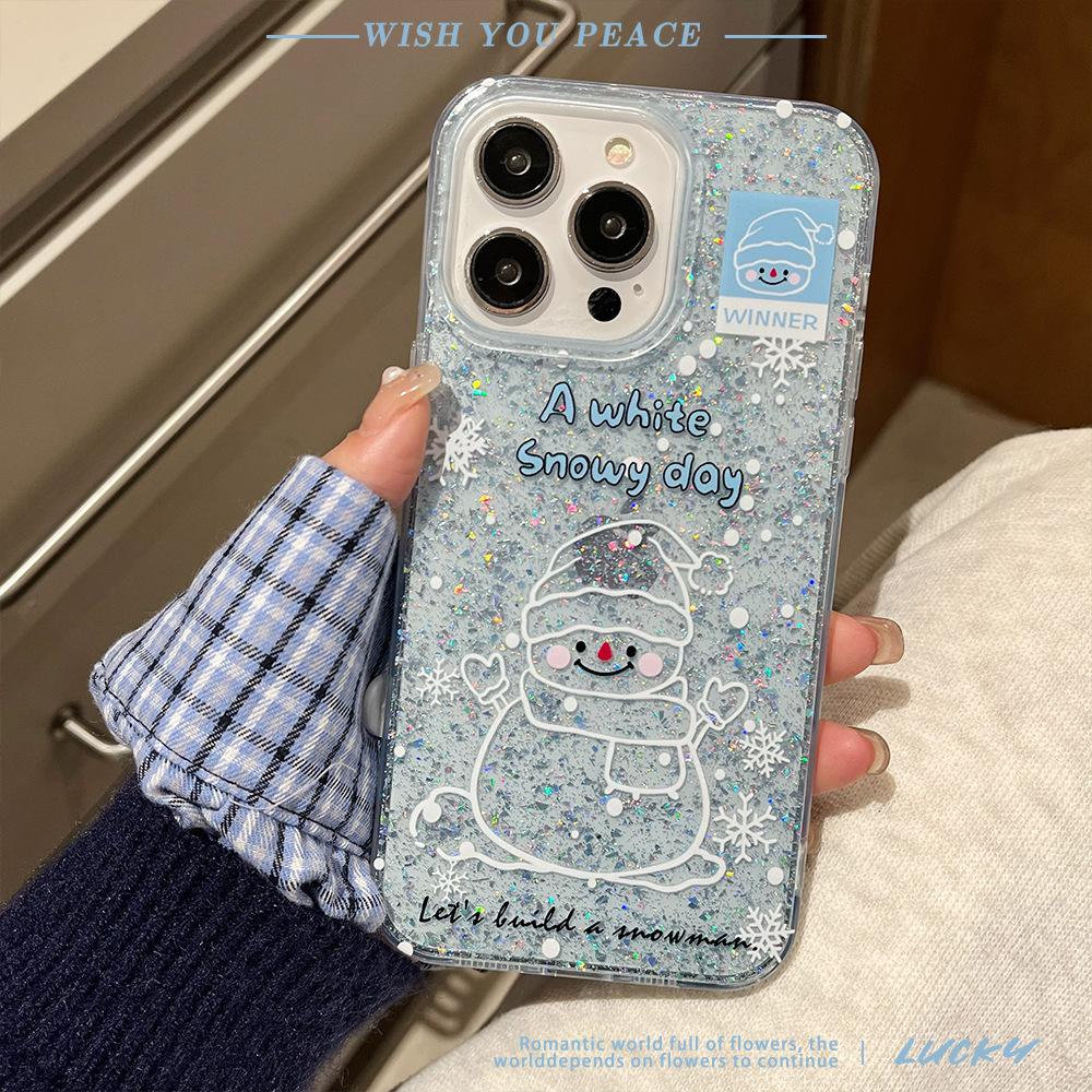 Painted Atmosphere  Quicksand  Snowflake  Penguin Apple 15pro Glitter Powder Glue IPhone 16Pro Blue Phone Case