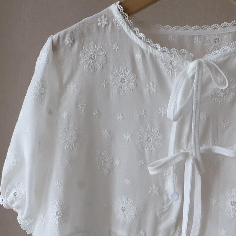 Bi Zheng 2025 Hollow Lace Puff Sleeve Embroidered Shirt for Women