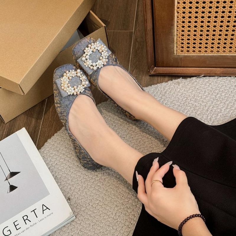 Fashion Women's Flat Shoes Autumn New Round Head Shallow Mouth Cloth Surface Pearl Square Buckle Soft Sole Non-slip Low Top Shoes