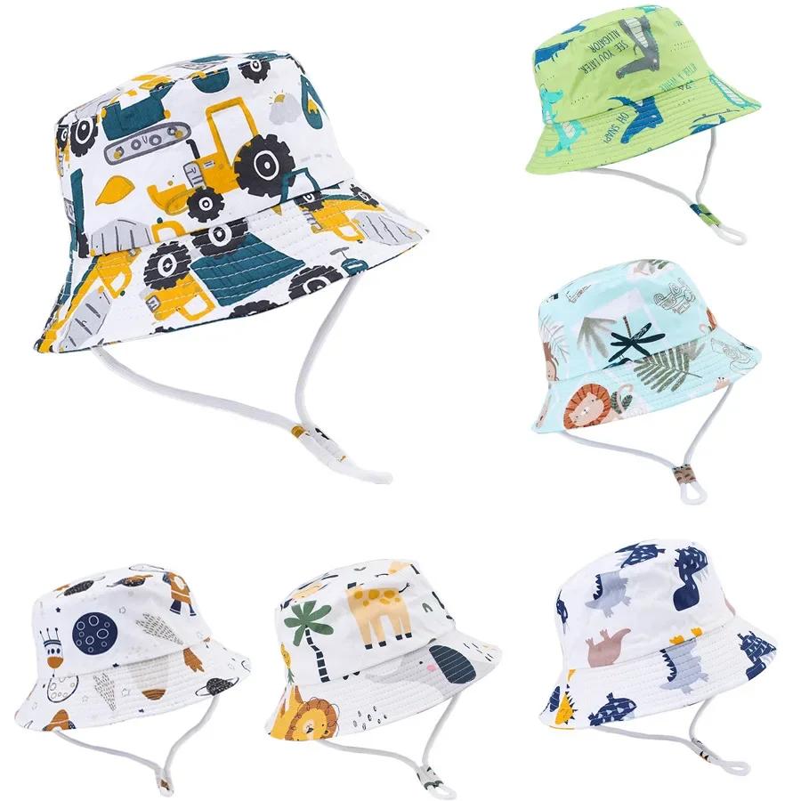 Baby Sun Hat Summer Kids Cartoon Dinosaur Print Soft Cotton Bucket Hat For Girls Boys Panama Beach UV Protection Cap Children