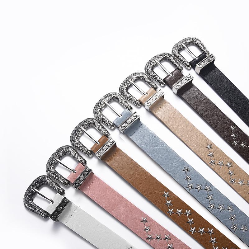 2024 Korean Niche Design Retro Belt: Women's Star-Decorated High-End Brown PU Leather Waist Belt.
