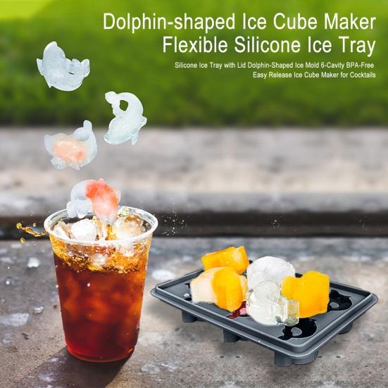 Silicone Ice Tray with Lid Dolphin-Shaped Ice Mold 6-Cavity BPA-Free Easy Release Ice Cube Maker for Cocktails