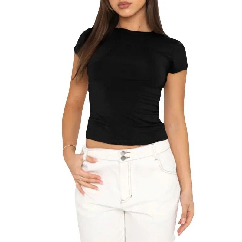 Letní tričko s krátkým rukávem, slim fit, ležérní, dámské topy, módní, jednobarevné, elegantní dámská trička, streetwear, s kulatým výstřihem, základní tričko 30423