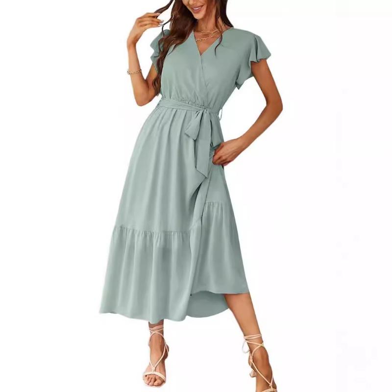 

Женская повседневная длинная юбка трапециевидной формы с коротким рукавом и плиссировкой с высокой талией пляжное платье