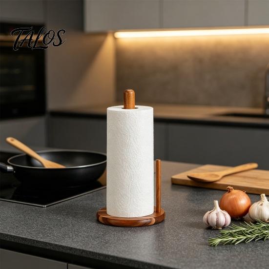 Talos Wooden Paper Towel Holder, One-Handed Operation Dispenser, Freestanding Countertop for Kitchen Bathroom