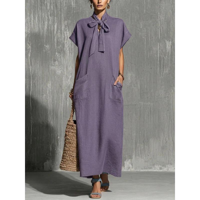 QICED Fashion Summer Spring Solid Color Print Short Sleeve Casual Dresses