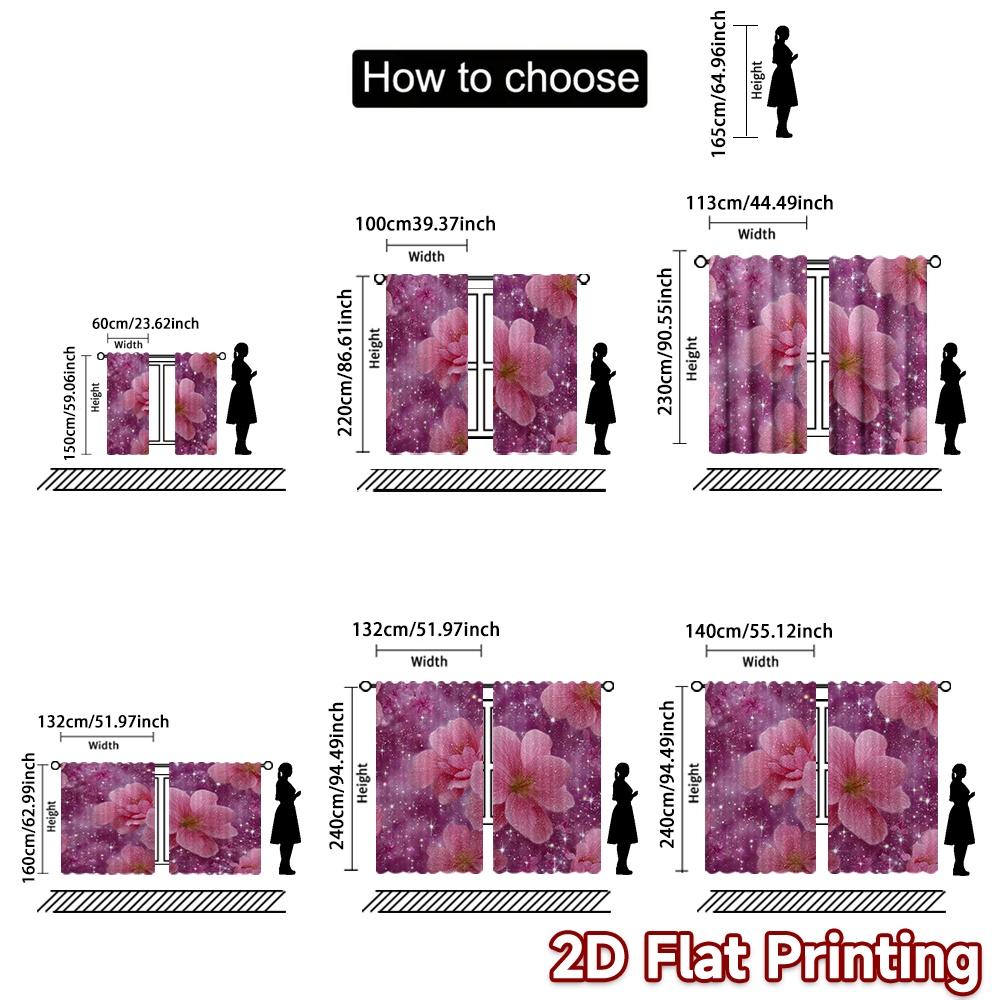 2D FLAT PRINTING 2pcs Curtains (Without Rod) Floral Pink Elegance Popular Curtain Fabric Durable 100% Polyester Fabric Curtains