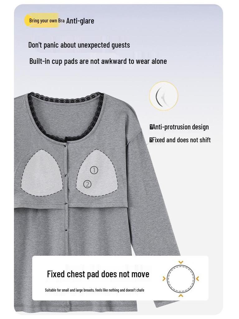 Women's Long-Sleeve One-Piece Pajamas with Built-in Bra Pad, Wearable Outside, Cute Round Neck Home Wear Set for Spring and Autumn