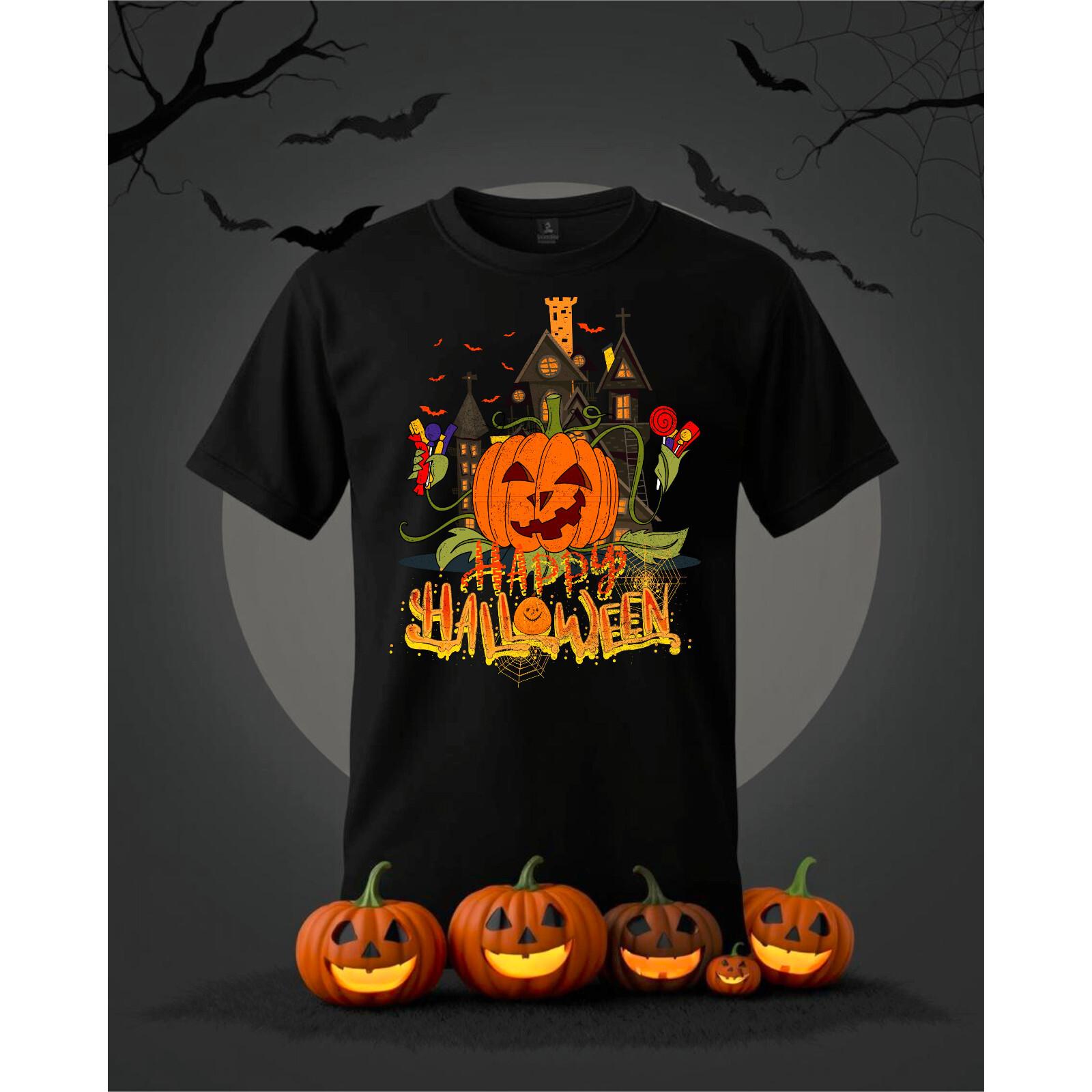 Happy Halloween T-Shirt Cute Funny Boo Witch Cat With Pumpkin Horror Tee Unisex L