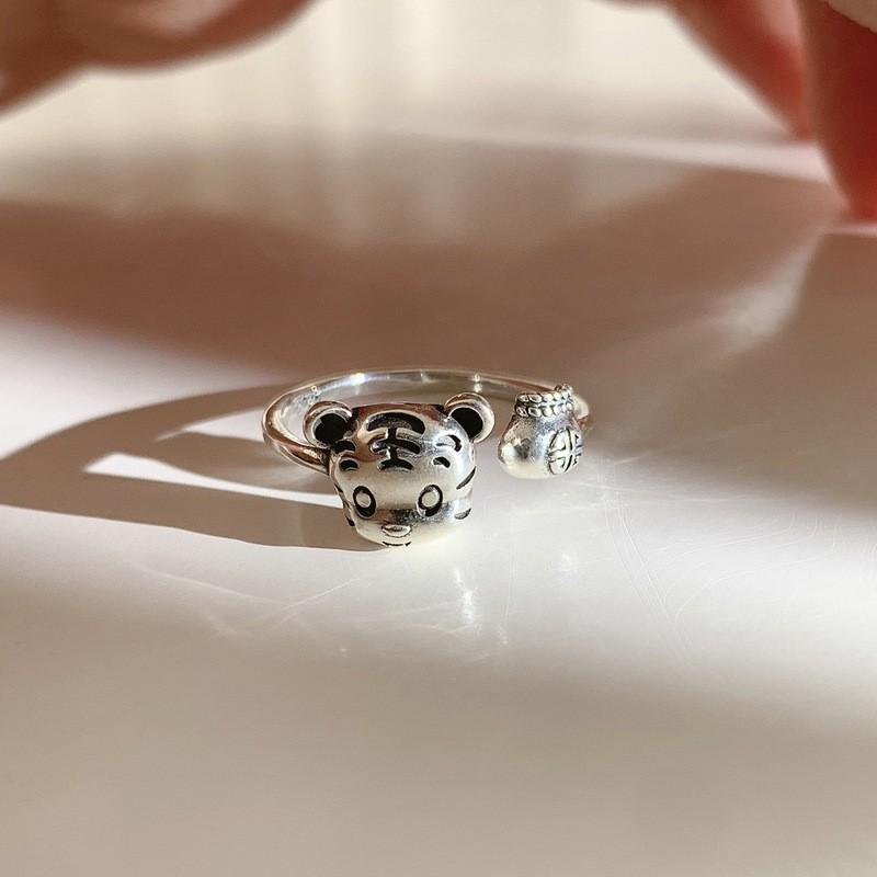 Adjustable Sterling Cute Tiger Ring Women Men Vintage Geometric Open Band Jewelry