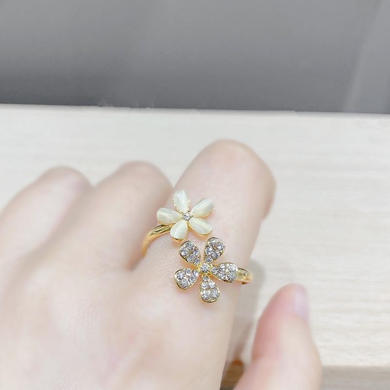 Cincin Pembukaan Opal Bunga, Boleh Laras, Untuk Wanita, Rekaan Daisy Kecil, Set 2 Keping