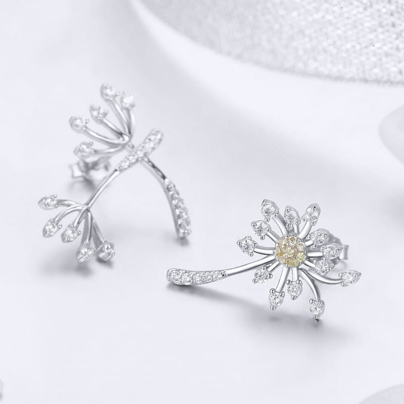 Silver crystal dandelion stud earrings 925 silver
