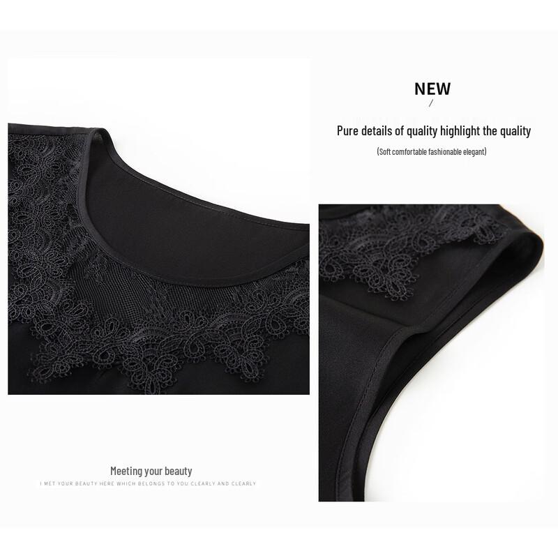 TUHUANG Elegant Mulberry Silk Blend Lace Round Neck Sleeveless Top