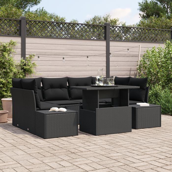 VidaXL Ensemble de Canapés de Jardin 7 pièces avec Coussins Noir Poly Rattan 3349119