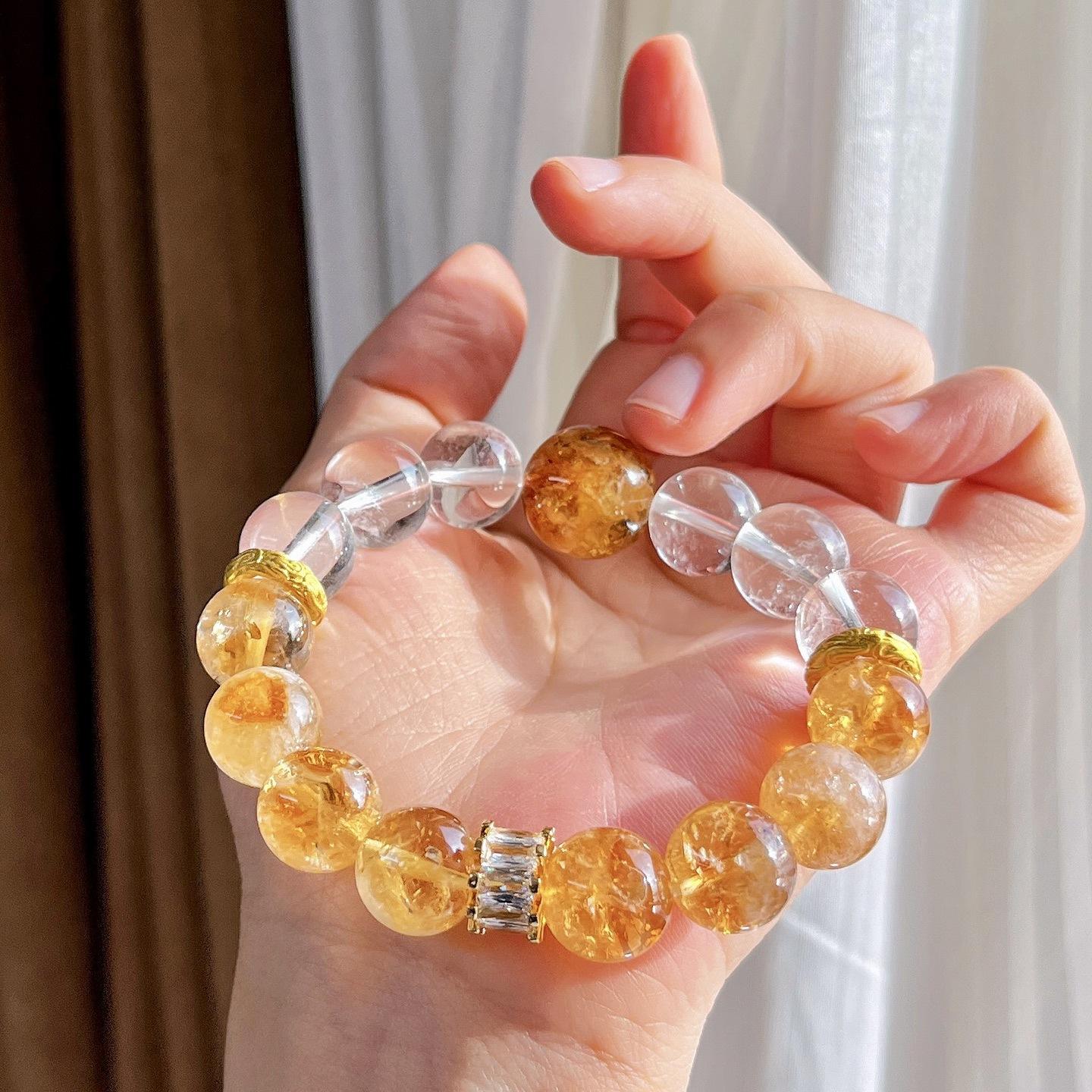 About 12Mm Large Particle Natural Citrine White Crystal Yellow Gum Flower Design Bracelet