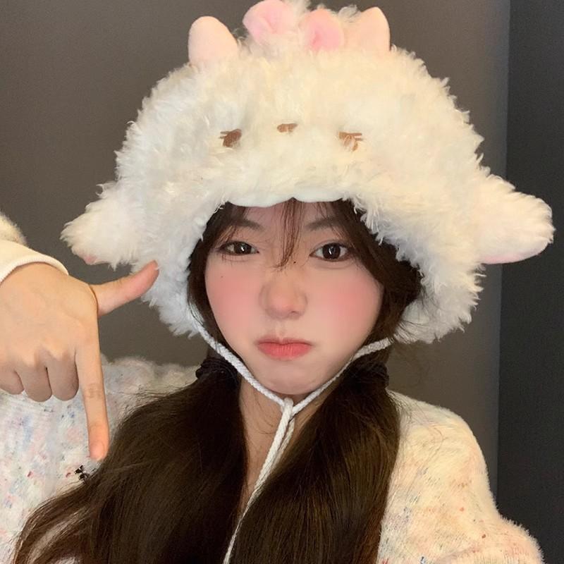 Lamb Ear Hat Women's Autumn and Winter Sweet and Cute Plush Hat Shows a Small Face and Keeps Warm Furry Ear Hat Tide