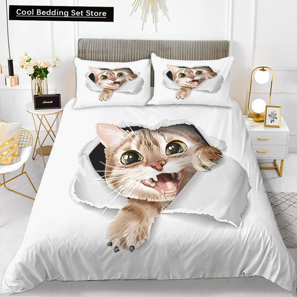 Cartoons Niedliche Katze Bettbezug Bettdeckenbezug Kissenbezug Junge Mädchen 2/3-teiliges Bettwäscheset King Queen Größe Kitty Polyester Bettdeckenbezug