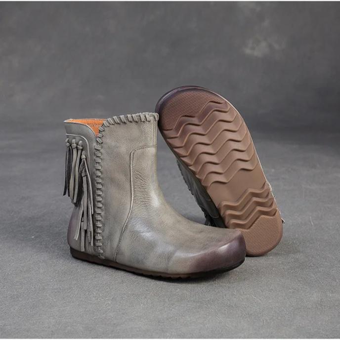 Johnature Retro Short Boots Genuine Leather Versatile Tassel Fashion Comfortable Women's Shoes