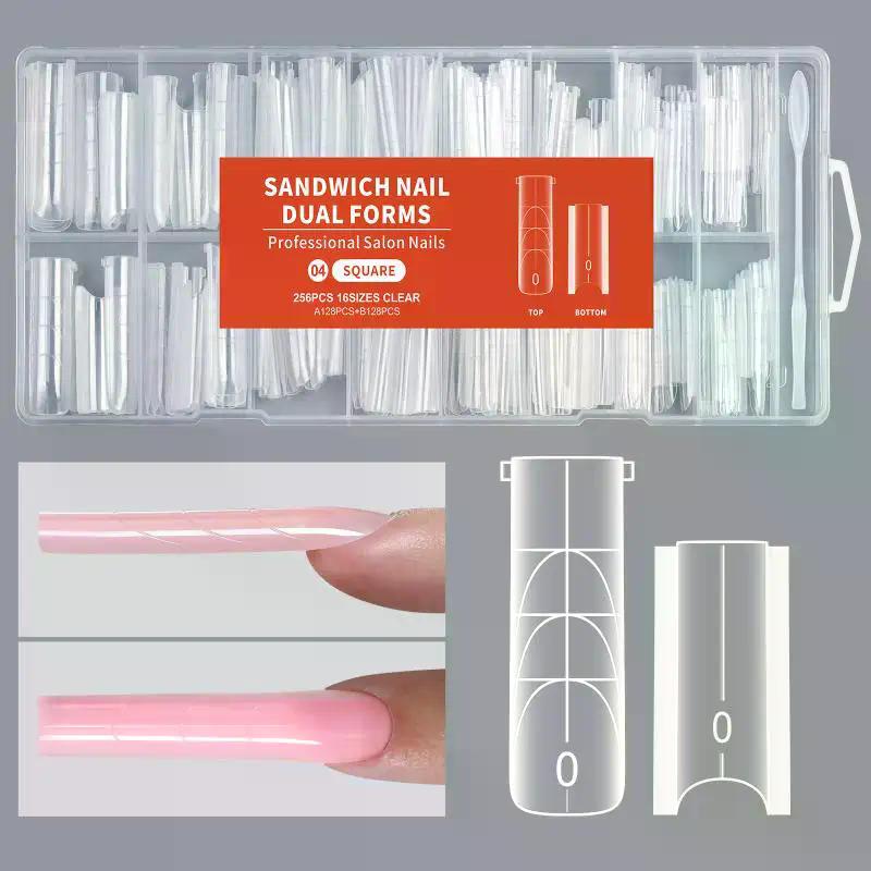 256pcs Sandwich Dual Nail Mode For Nail Extension Almond Coffin 16 Size Reusable Top Bottom Forms Nail Art Extension Tools