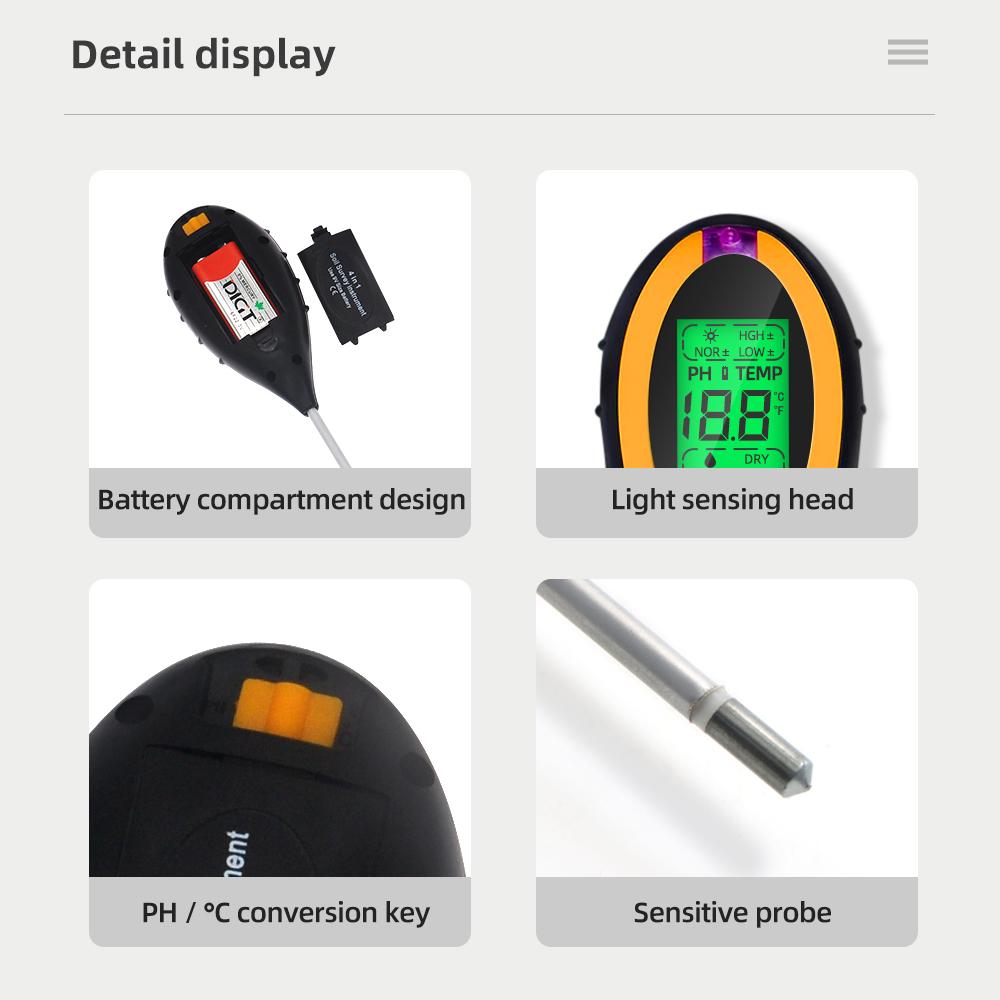 LCD Display 4 in 1 Soil Tester Handheld Soil PH Meter Soil Detector Moisture PH Light Temp Detector Plant Soil Acidity Analyzer
