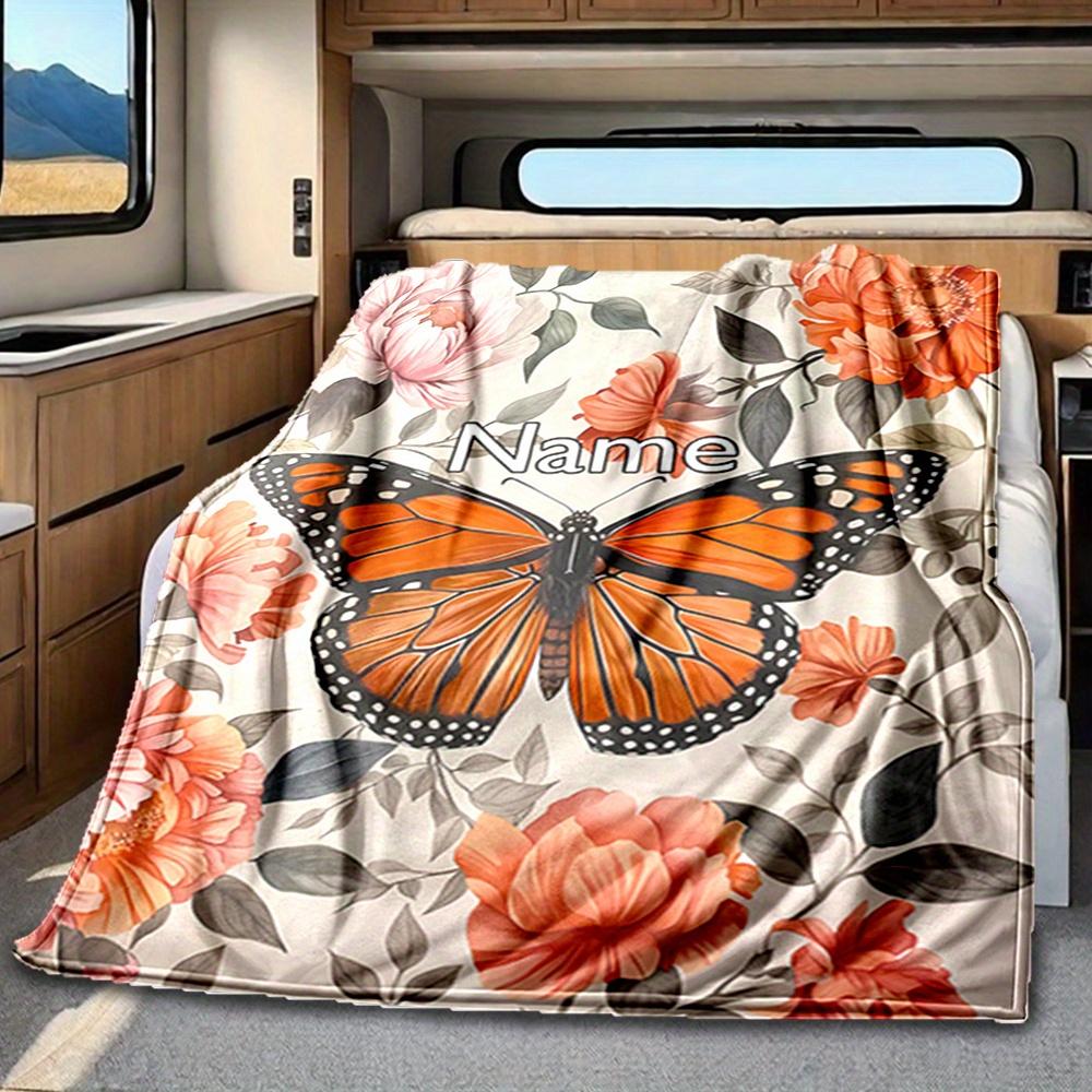 Monarch Butterfly Floral Blanket Personalized Name Soft Comfortable Stylish Blanket Car Blanket Perfect For Travel Camping Outdoor Home Suitable For