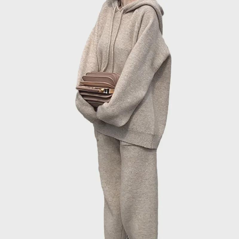 Women's Cozy Hooded Sweater & Knitted Carrot Pants Set - Ideal for Autumn/Winter