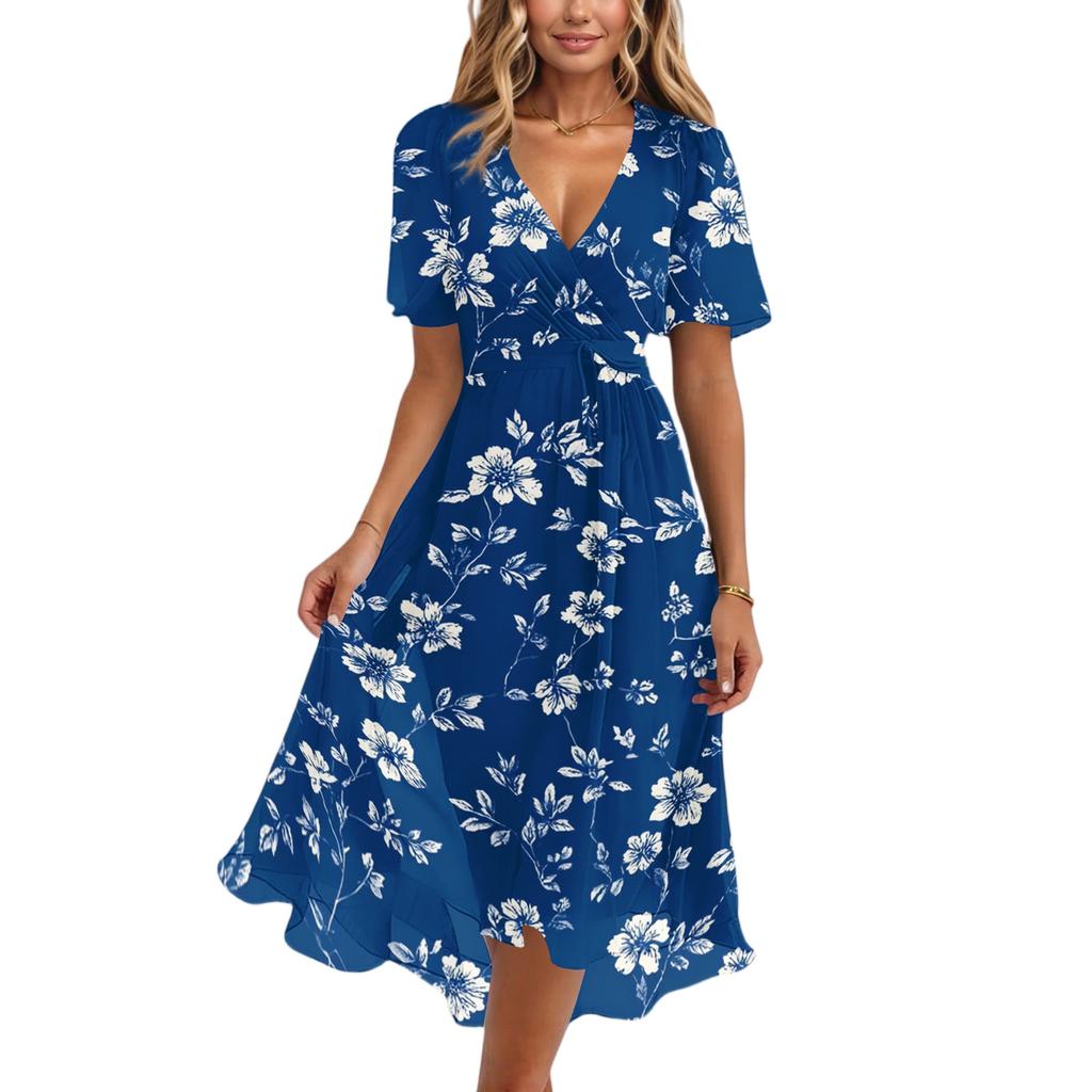 Women's Casual V Neck Short Sleeve Floral Print Dress Midi Length Lightweight Summer Dress with Elastic Waist and Flared Skirt