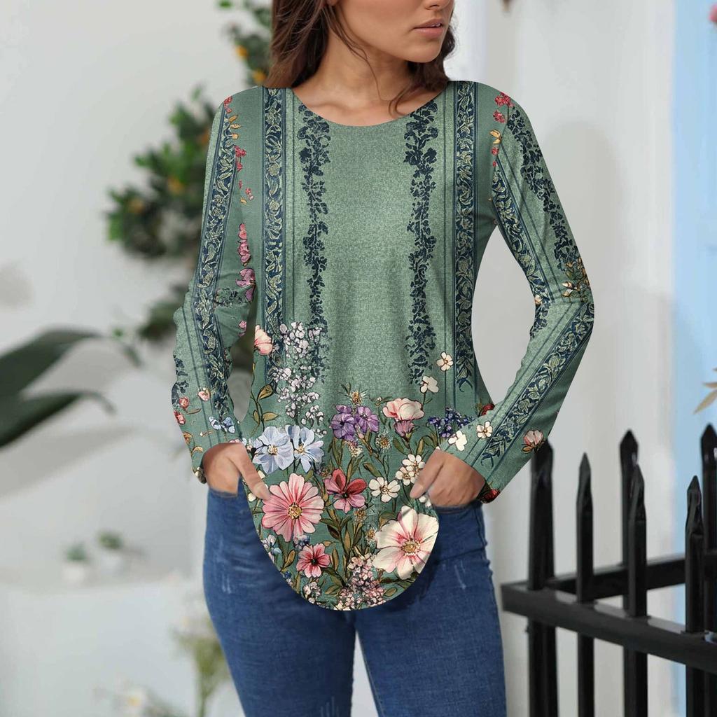 Shirts For Women Cute Vintage Pattern Print T-Shirt Long Sleeve Tunic Tops Cotton Pullovers
