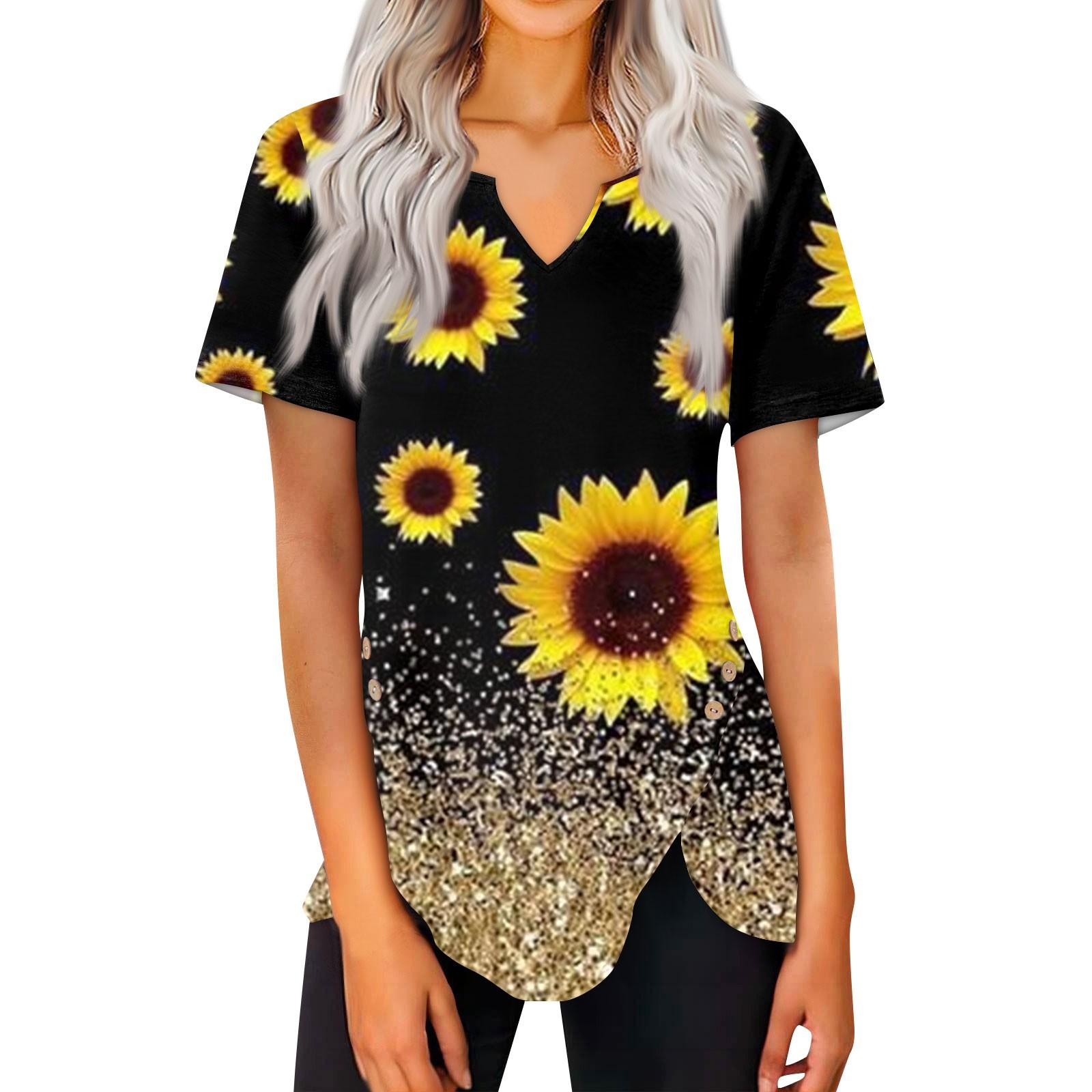 

Женская летняя повседневная блузка с v-образным вырезом и подсолнечным принтом, тонкая блузка с коротким рукавом, женская блузка XXXL чёрный
