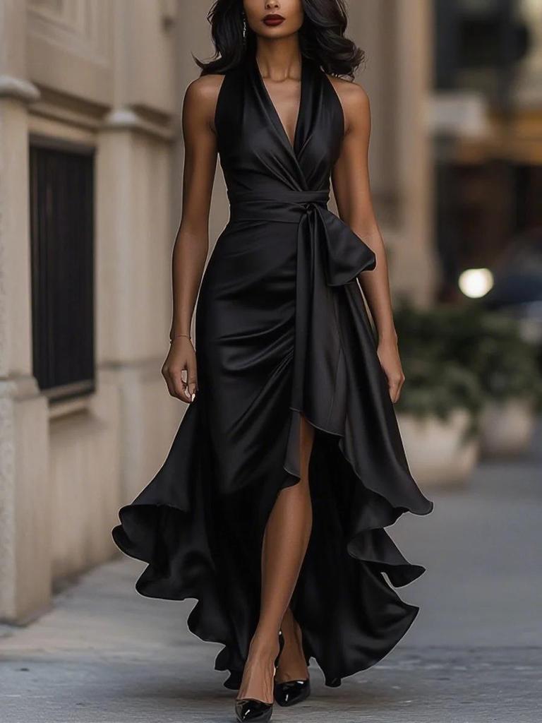 Elegant Satin V-Neck Sleeveless Ruffle Dress for Women
