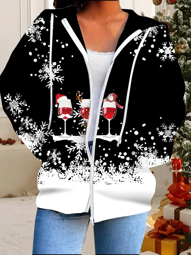 Christmas 3D Printed Hooded Cardigan Plus Size Autumn Winter Retro