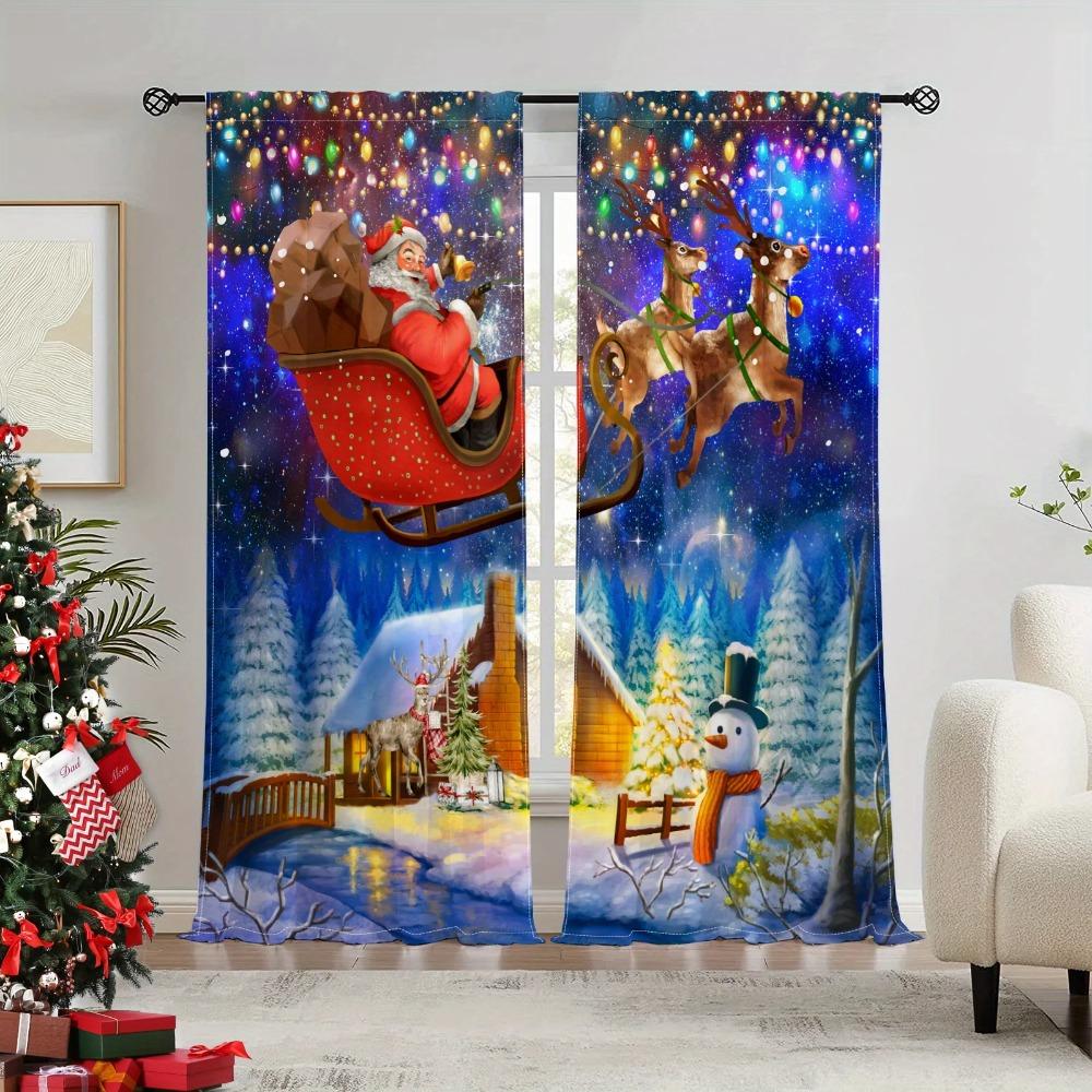 2 Panels Xmas Snow Father Christmas Claus Drape Panels Semi-Light Block Drape Ideal for Bedroom Living Room Window Kitchen Office Home Decoration