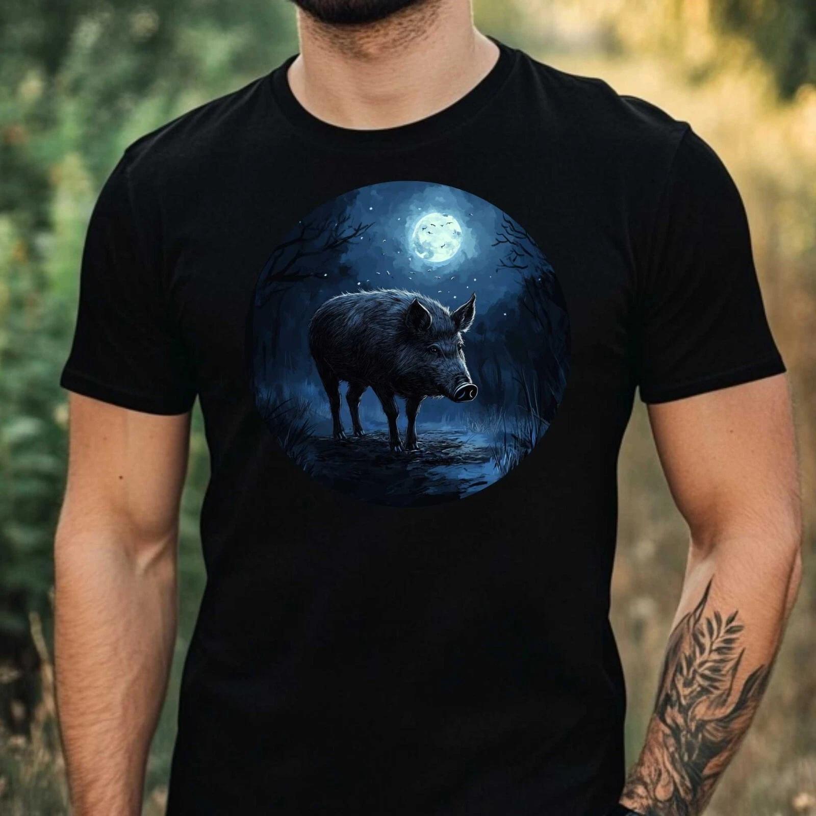 T-Shirt Herren Wildschwein im Mondlicht Motiv Baumwolle Größe XS bis 5XL S