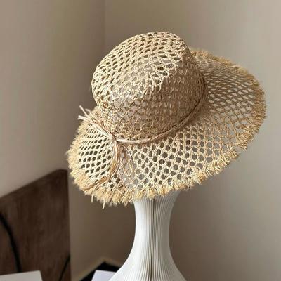 New Retro Hollow Raffia Bowknot Flat Top Straw Hat Raw Edge Sun Hat Summer Panama Jazz Bucket Beach Hat Vacation Derby Cap