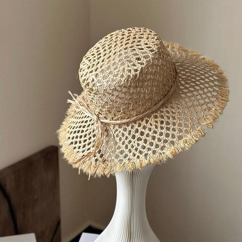 New Retro Hollow Raffia Bowknot Flat Top Straw Hat Raw Edge Sun Hat Summer Panama Jazz Bucket Beach Hat Vacation Derby Cap