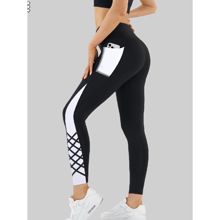 Contrast Geometric Print Pocket Yoga Leggings for Women, High Waist Compression Workout Gym Fitness Trousers